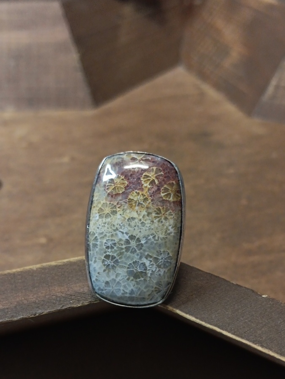Handcrafted Floral Fossil Coral Stone Statement Ring in Cream and Brown